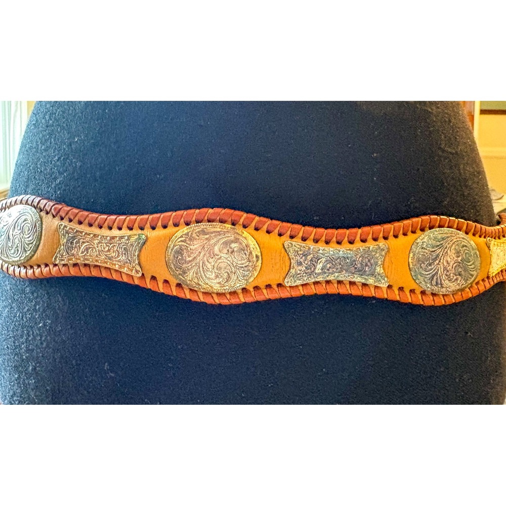 Vintage Nocona Western Concho Belt Tooled Leather Engraved Buckle Size 38